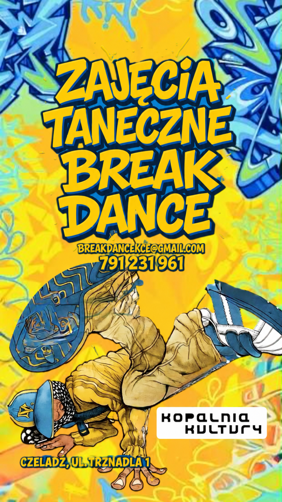 Plakat stworzony z pomocą AI plakat wygenerowany przy pomocy AI z breakdancerem na żółto niebieskim tle z graffiti