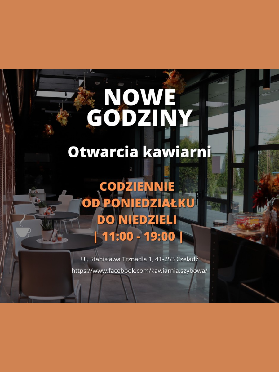 Zdjęcie wnętrza kawiarni "Szybowej" - pod podświetlaną ścianą stoją okrągłe, czarne stoliki i białe krzesła. Z sufitu zwisają sztuczne, jesienne liście. Na zdjęciu są napisane godziny otwarcia kawiarni.