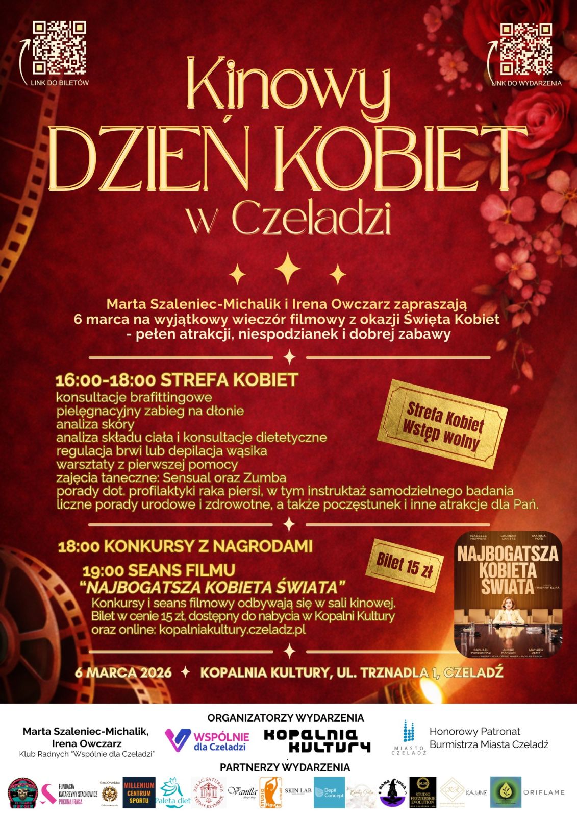 Czerwony plakat informujący o kinowym dniu kobiet w czeladzi