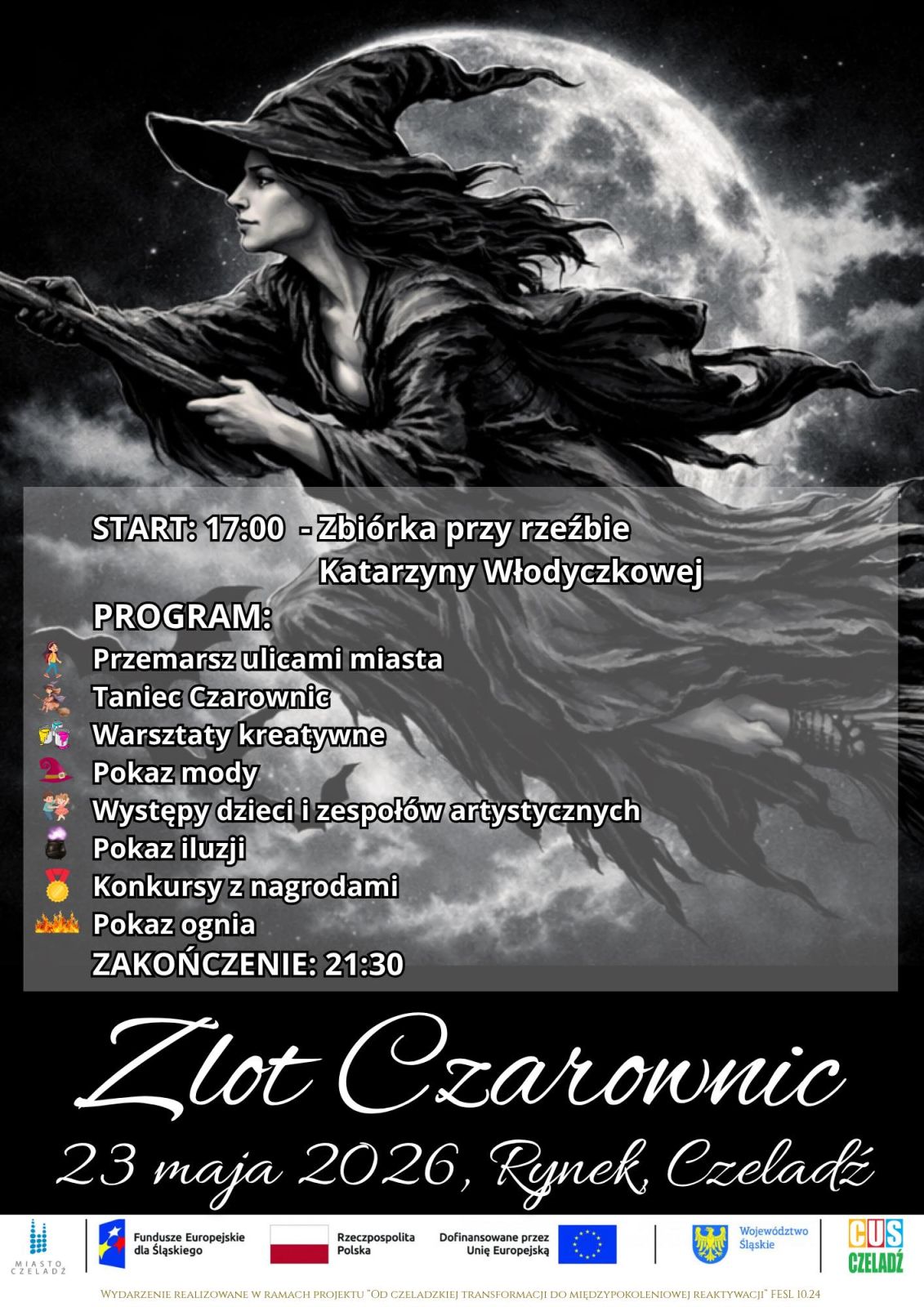 Czarny plakat z czarownicą na miotle informujący o Zlocie Czarownic 