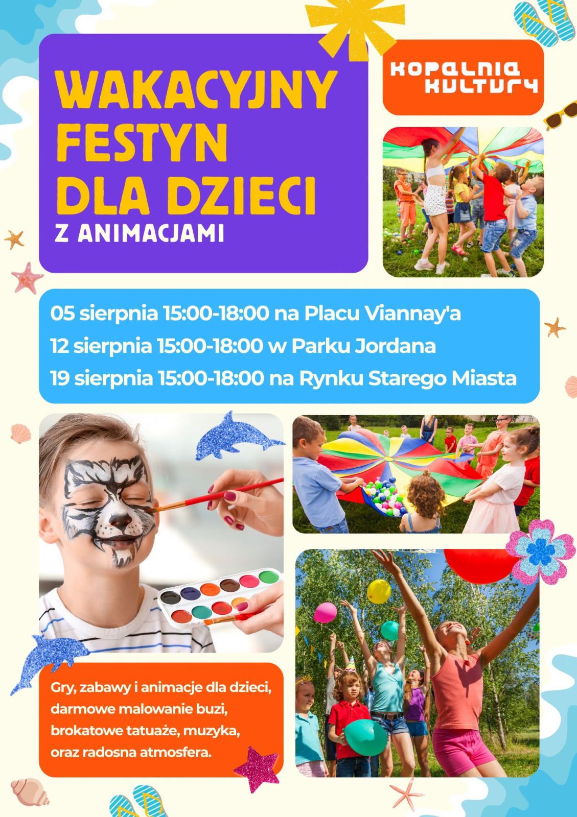 kolorowy plakat informujący o wkacyjnych festynach dla dzieci z animacjami