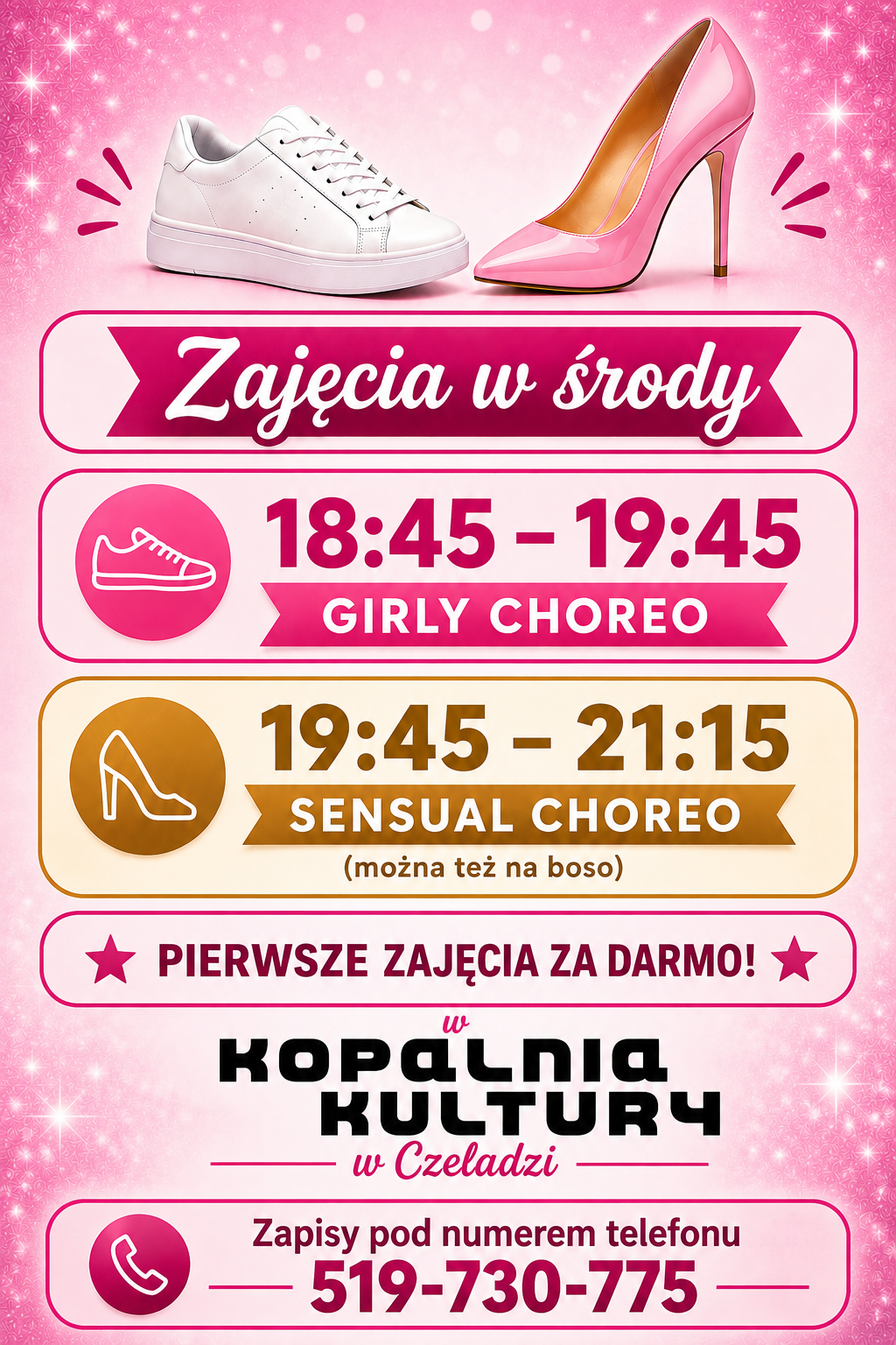 różowy plakat wygenerowany przy pomocy sztucznej inteligencji promujący zajęcia taneczne